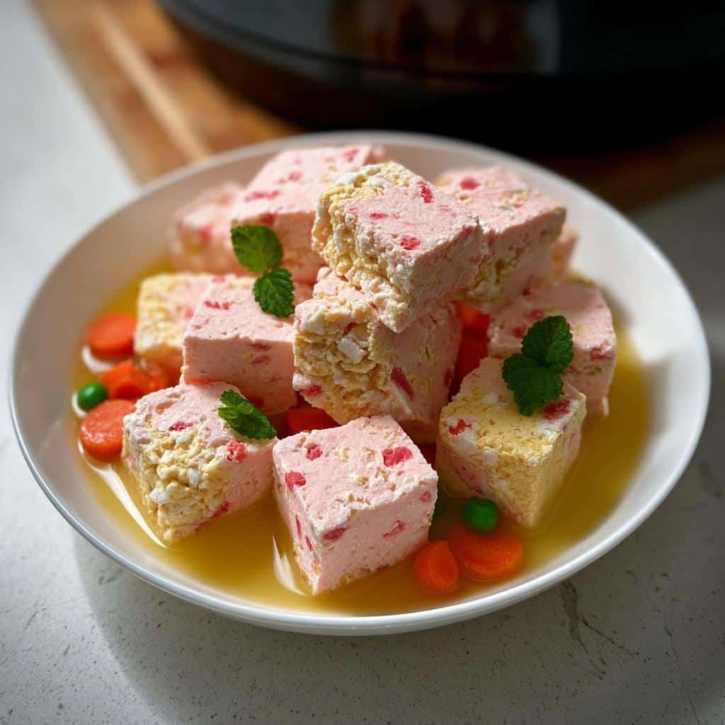 Close-up of pink Strawberry Banana yogurt chew cubes served in a white bowl with yellow liquid, carrots, and mint garnish.
