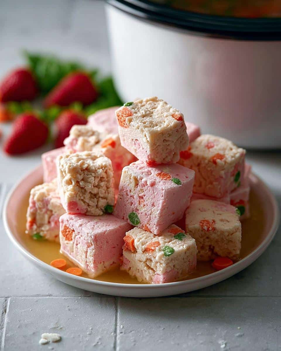 A stack of pink and white Strawberry Banana yogurt chew cubes with visible fruit pieces, resting in a shallow pool of liquid.