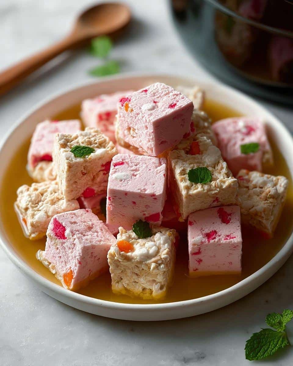 Close-up of pink and white Strawberry Banana yogurt chew cubes soaking in a light yellow syrup, garnished with mint.