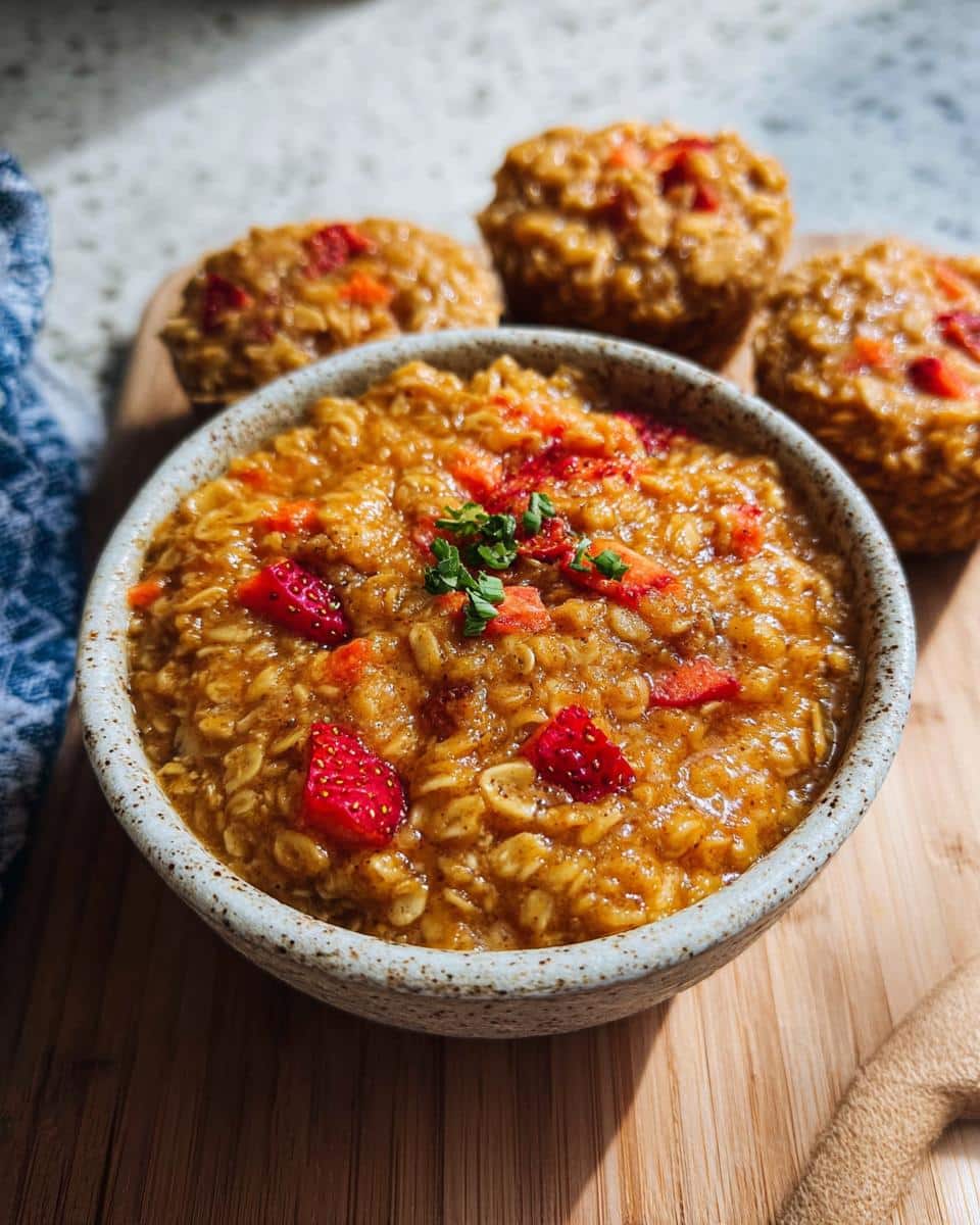 A rustic bowl of warm Strawberry Oat Nibbles topped with fresh strawberries and herbs, with baked Strawberry Oat Nibbles muffins in the background.