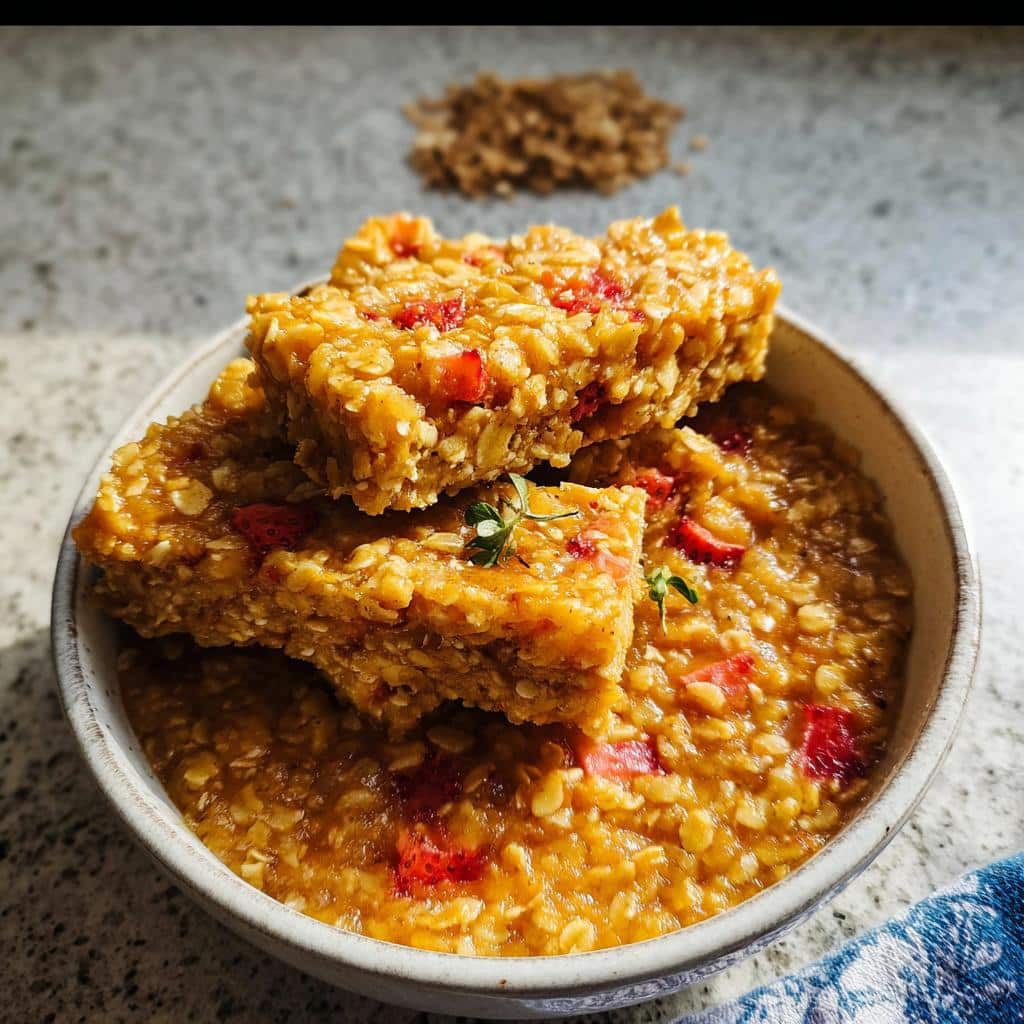 Two stacked Strawberry Oat Nibbles resting on a bed of oatmeal with visible strawberry pieces.