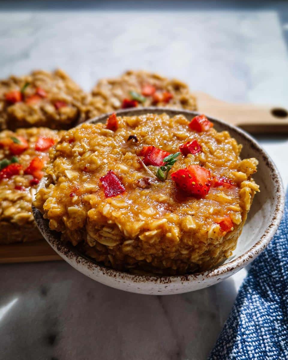 A close-up of a single serving of moist Strawberry Oat Nibbles topped with fresh strawberry pieces.