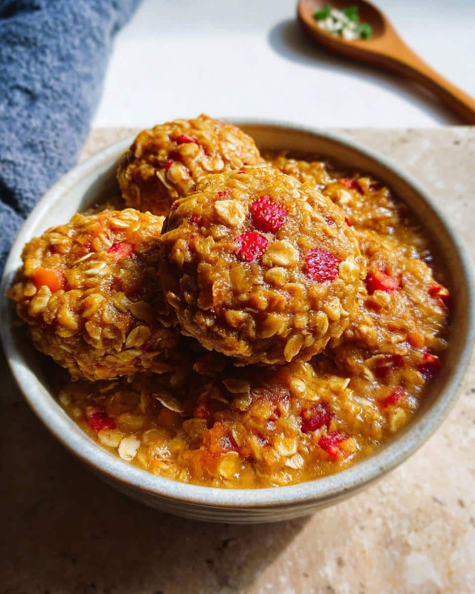 A close-up of several moist Strawberry Oat Nibbles stacked in a small ceramic bowl, showing visible oats and red strawberry pieces.