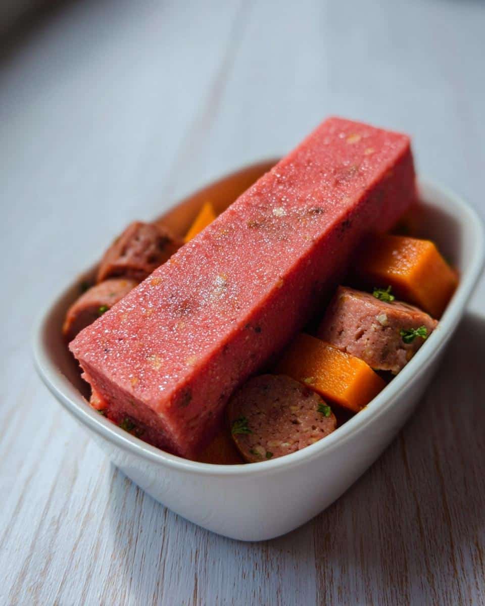 A bright pink, rectangular Strawberry Oat Smoothie Sticks bar served in a white bowl with orange cubes and sliced pieces.