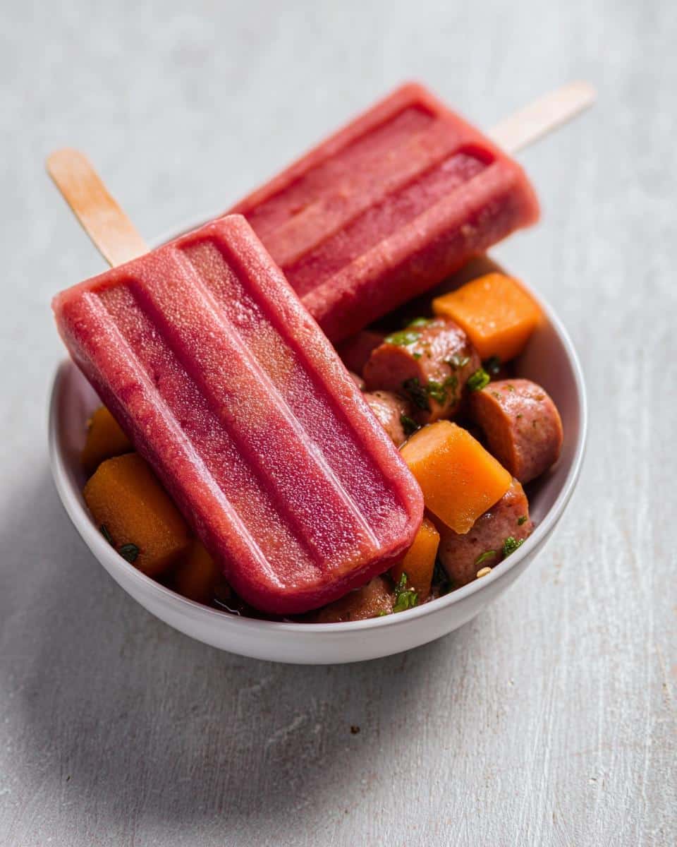 Two bright pink Strawberry Oat Smoothie Sticks resting on a bowl containing sausage and orange chunks.