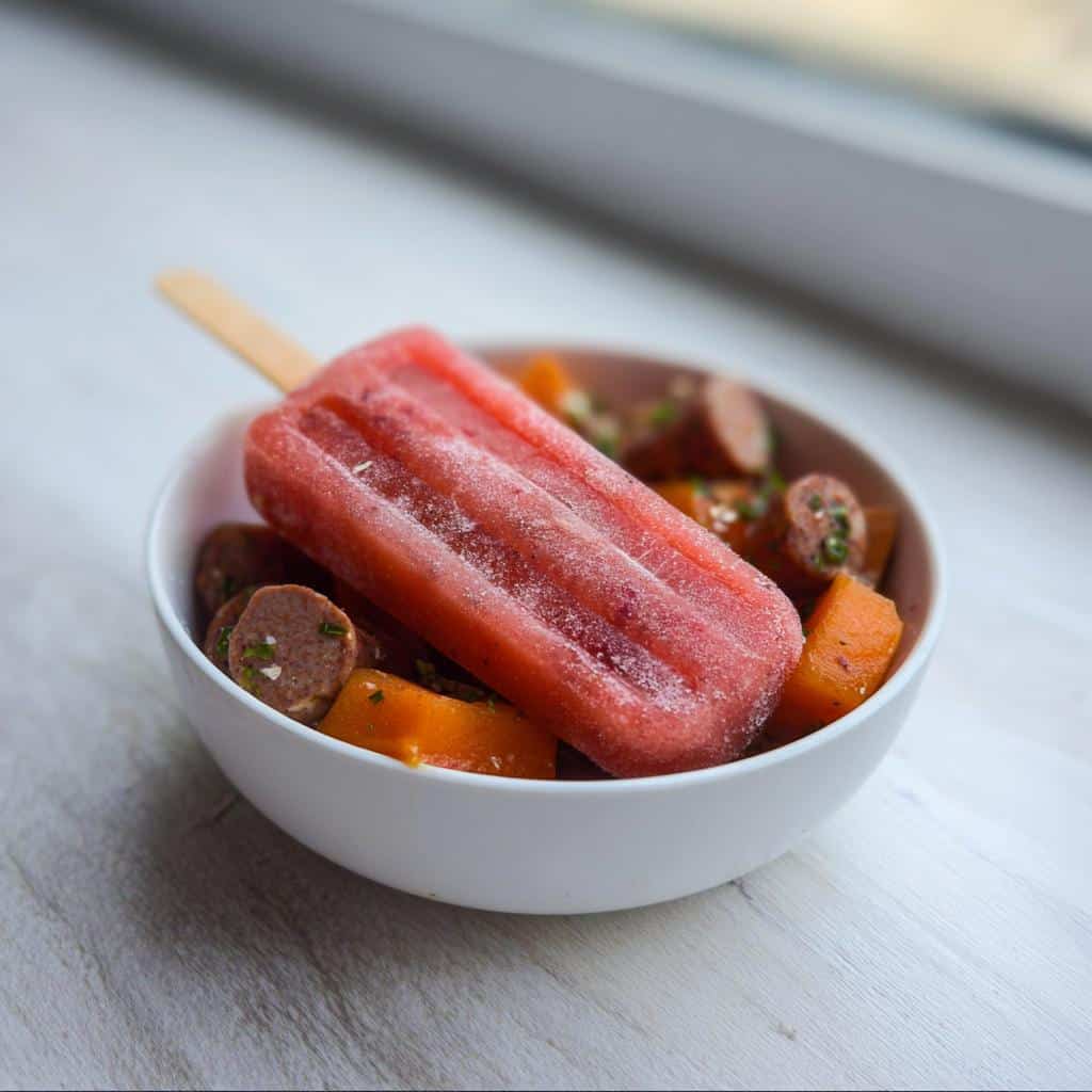 A bright red, frozen Strawberry Oat Smoothie Stick resting in a white bowl with savory sausage and orange squash pieces.