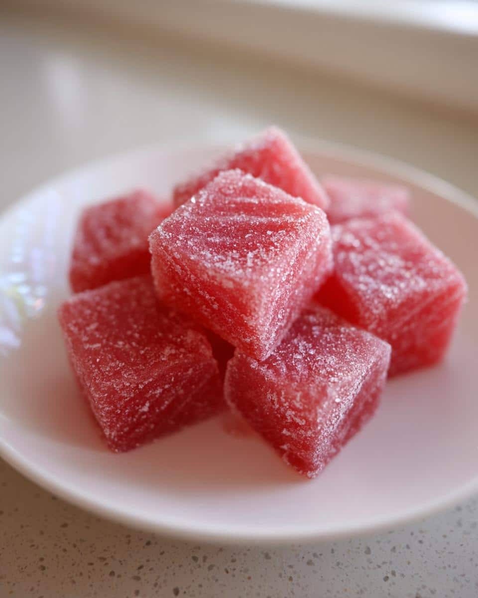 Close-up of several bright red, sugar-coated cubes of homemade Watermelon Dog Treats on a white plate.