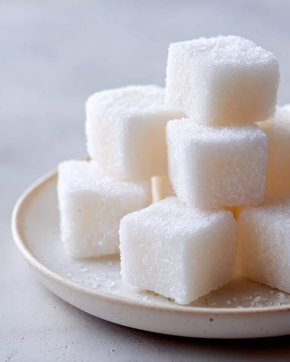 Close-up of white sugar cubes stacked on a small speckled plate, illustrating an ingredient to avoid in Frozen Applesauce Dog Treats.