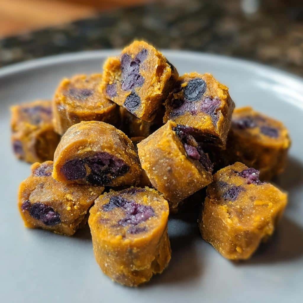 Close-up of homemade sweet potato and blueberry chews for dog treats piled on a gray plate.
