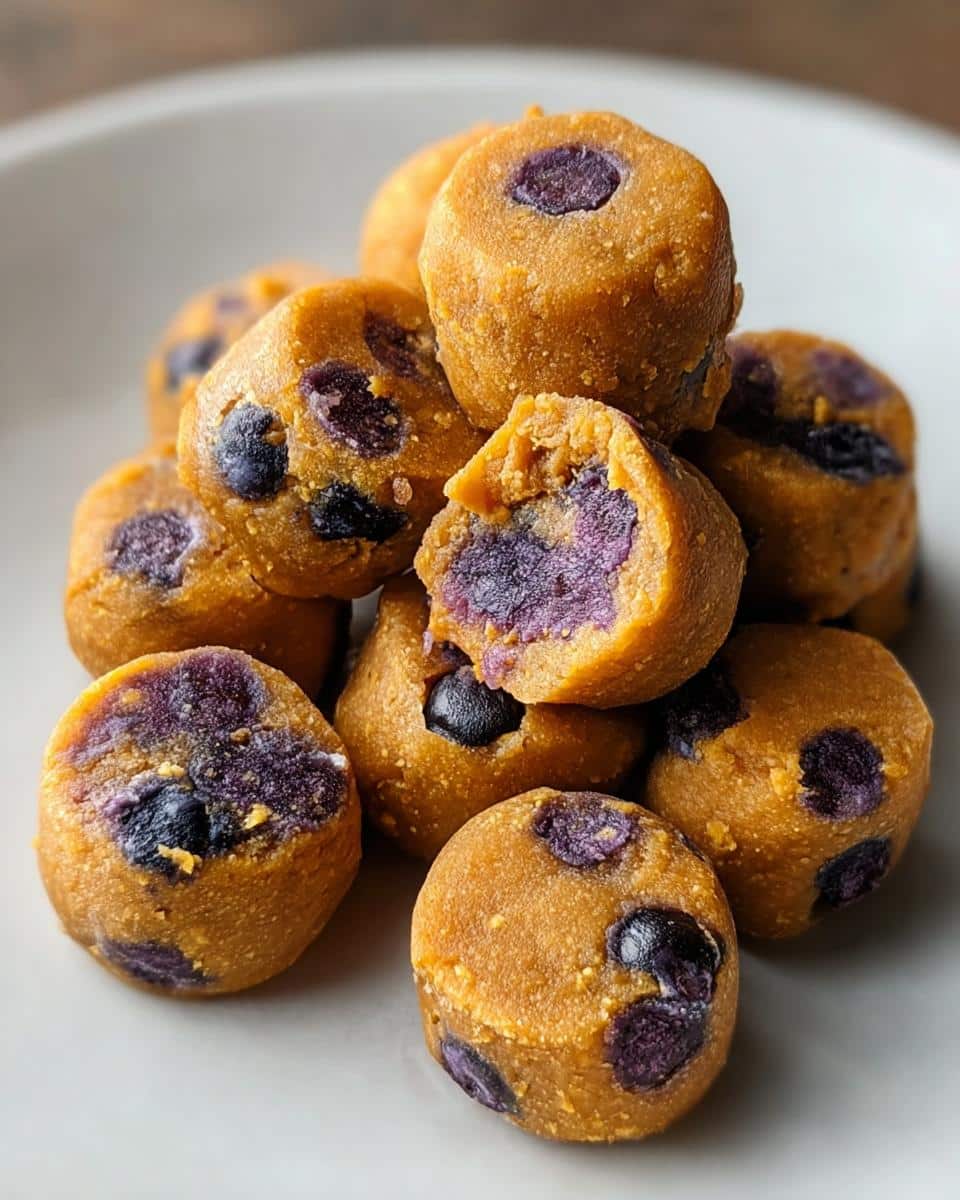 A pile of homemade sweet potato and blueberry chews for dog treats on a light plate.