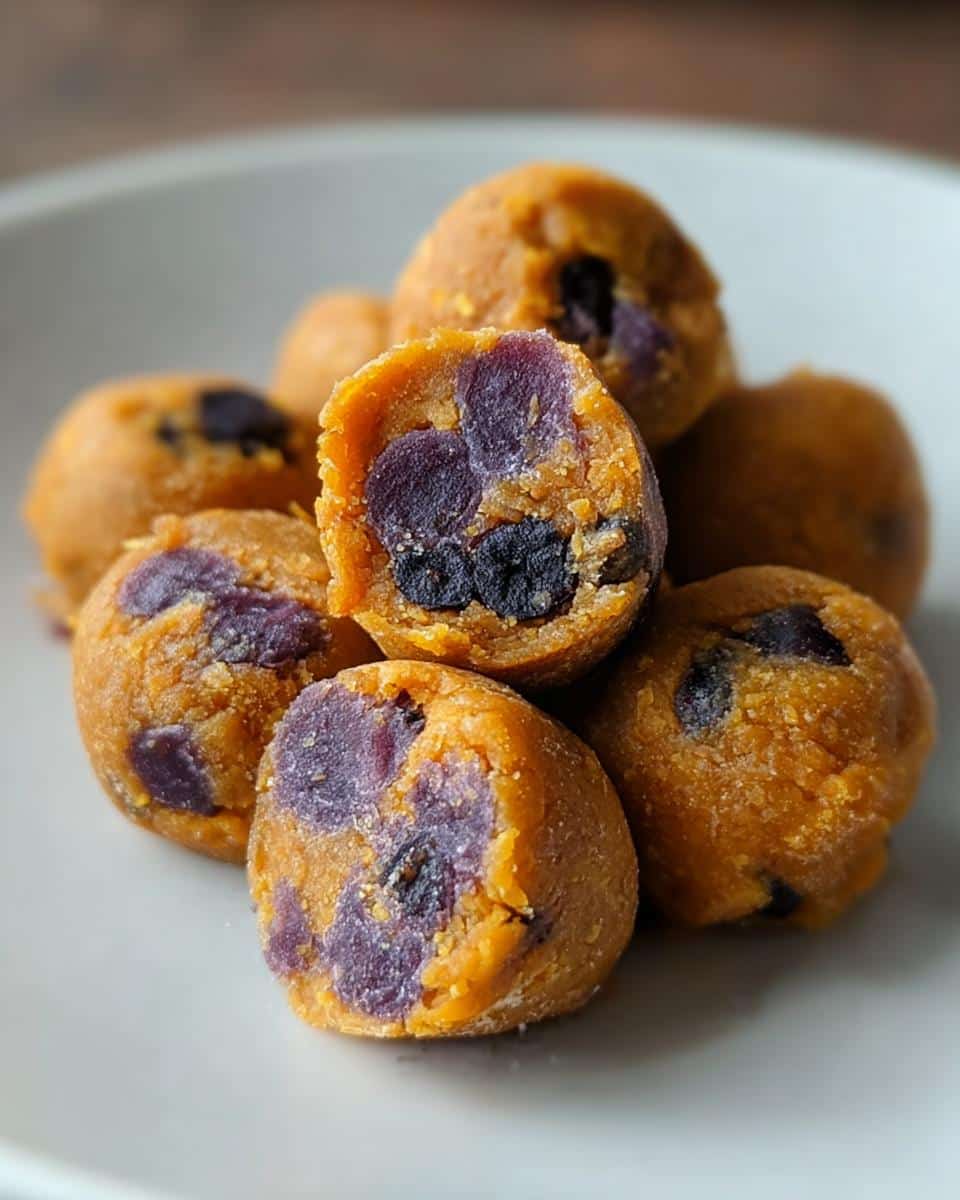 Close-up of orange sweet potato and blueberry chews for dog, showing the purple blueberry filling inside.