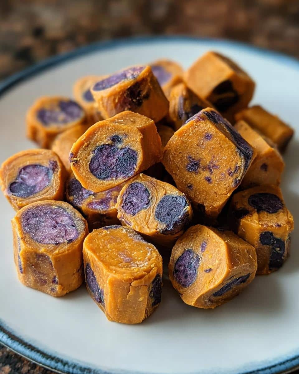 A pile of homemade sweet potato and blueberry chews for dog treats, showing orange exterior and purple blueberry centers.
