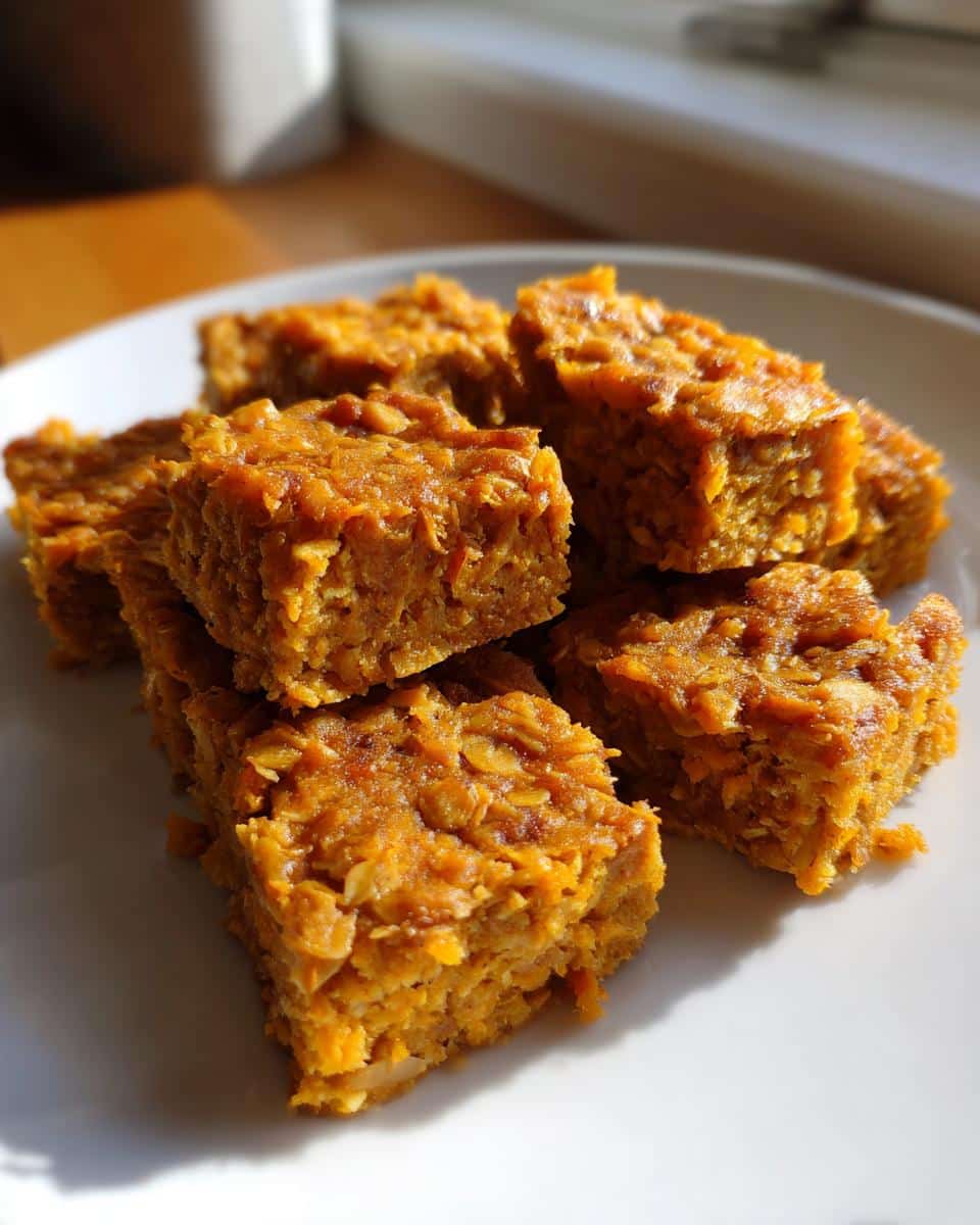 A stack of homemade Sweet Potato and Oatmeal Dog Treats cut into small, dense squares on a white plate.