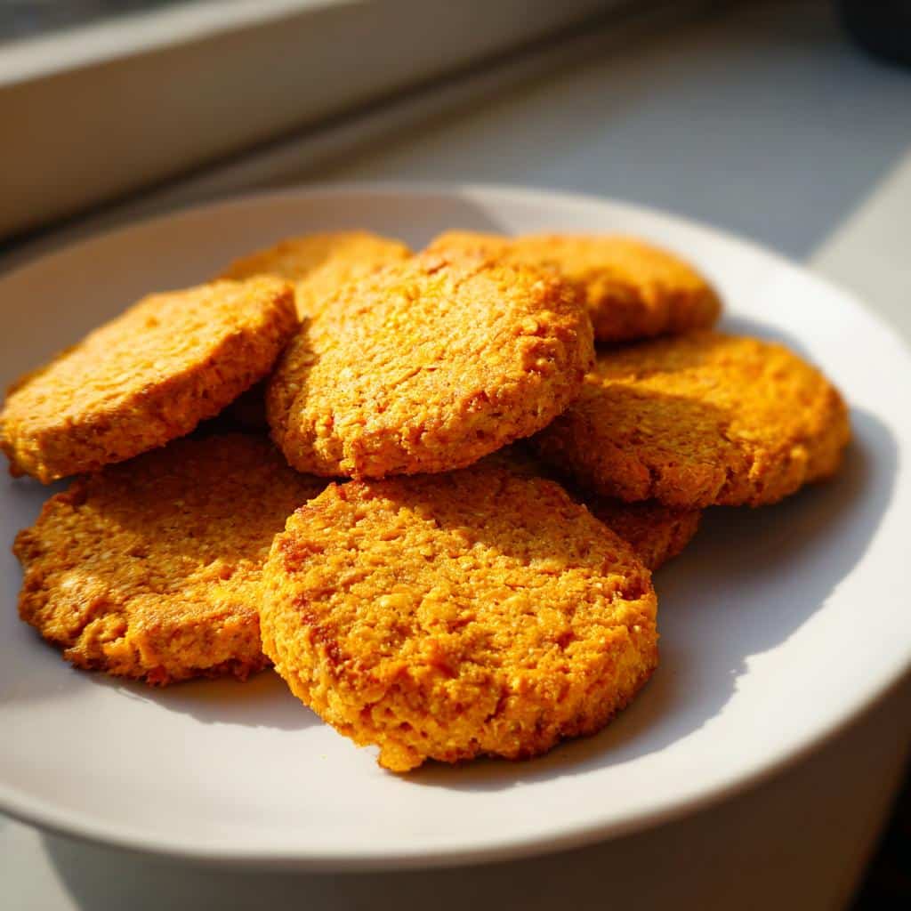 A pile of freshly baked Sweet Potato and Oatmeal Dog Treats, bright orange and textured, resting on a white plate.