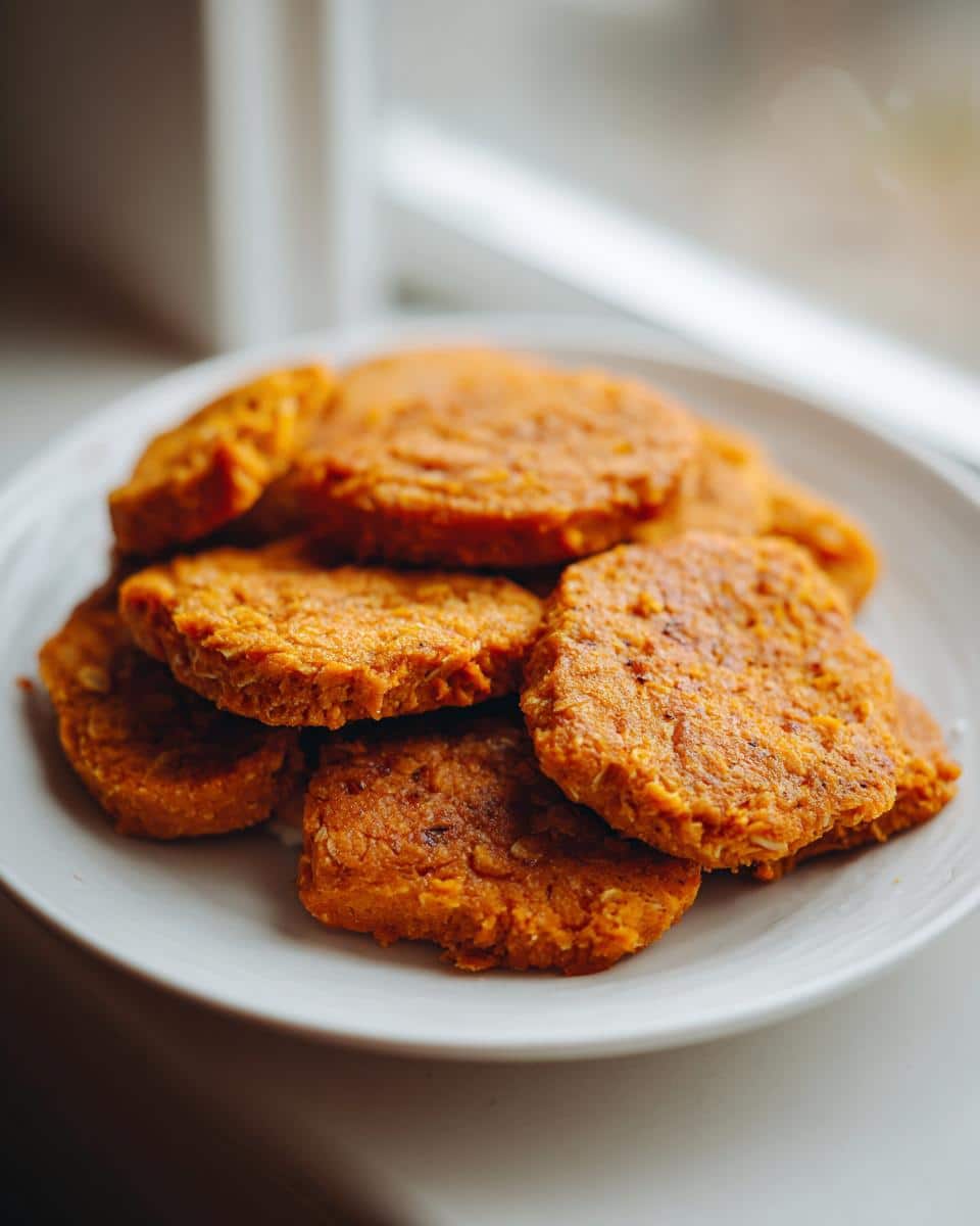 A stack of freshly baked Sweet Potato and Oatmeal Dog Treats piled on a white plate near a window.