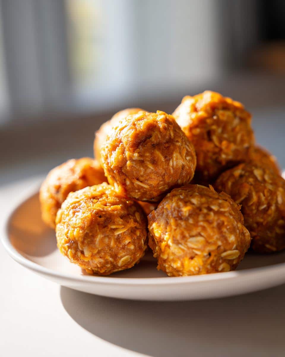 A stack of homemade Sweet Potato and Oatmeal Dog Treats on a white plate, showing visible oats.