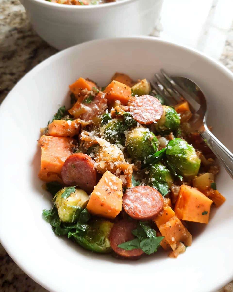 Close-up of a bowl containing sweet potatoes, Brussels sprouts, and sliced sausage, topped with cheese.