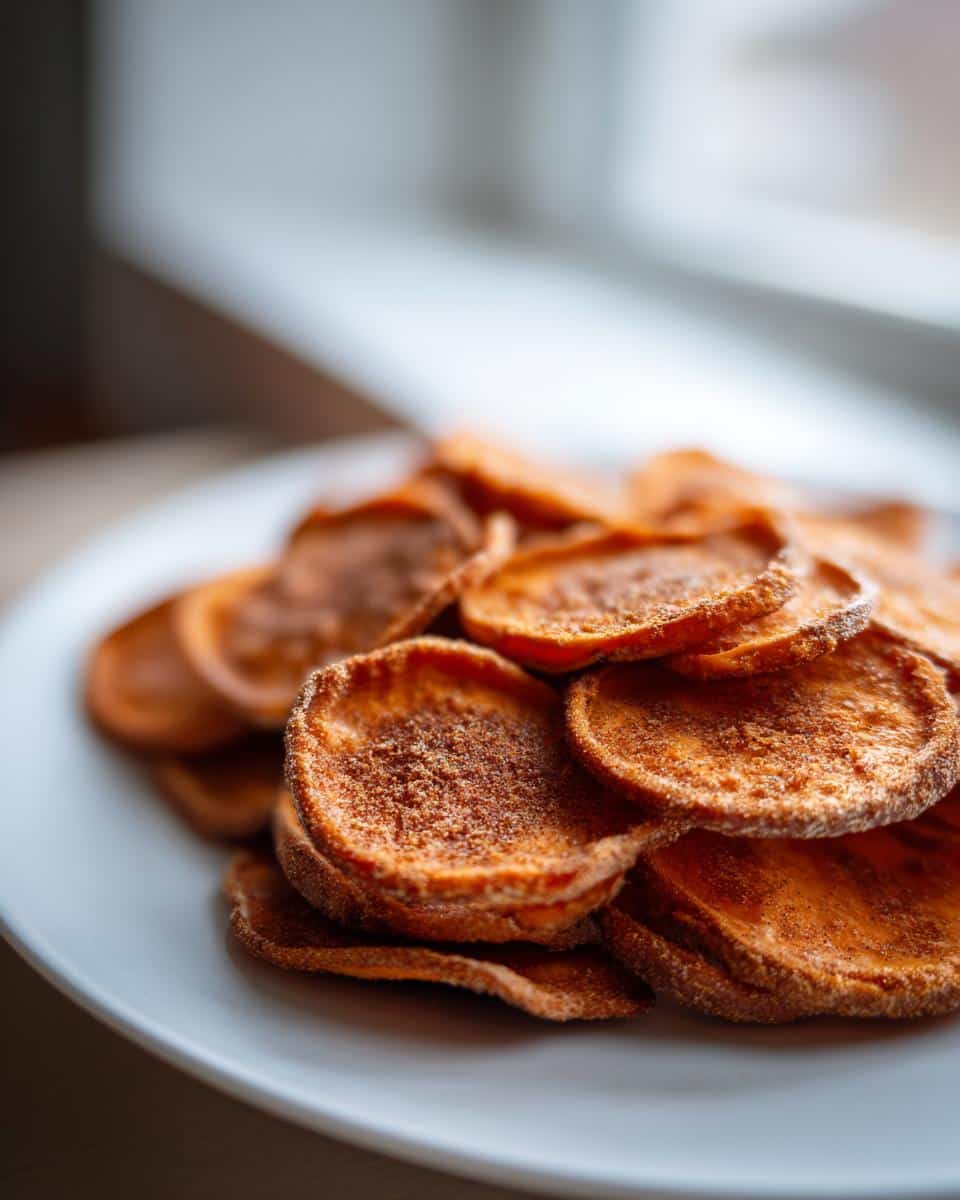 A pile of orange, round Sweet Potato Chews dusted with cinnamon, served on a white plate.