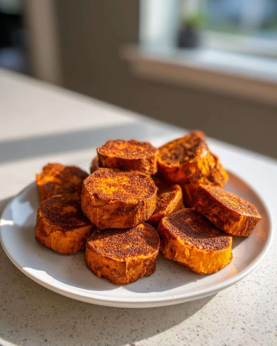 A white plate piled high with round, baked Sweet Potato Chews dusted generously with cinnamon spice.