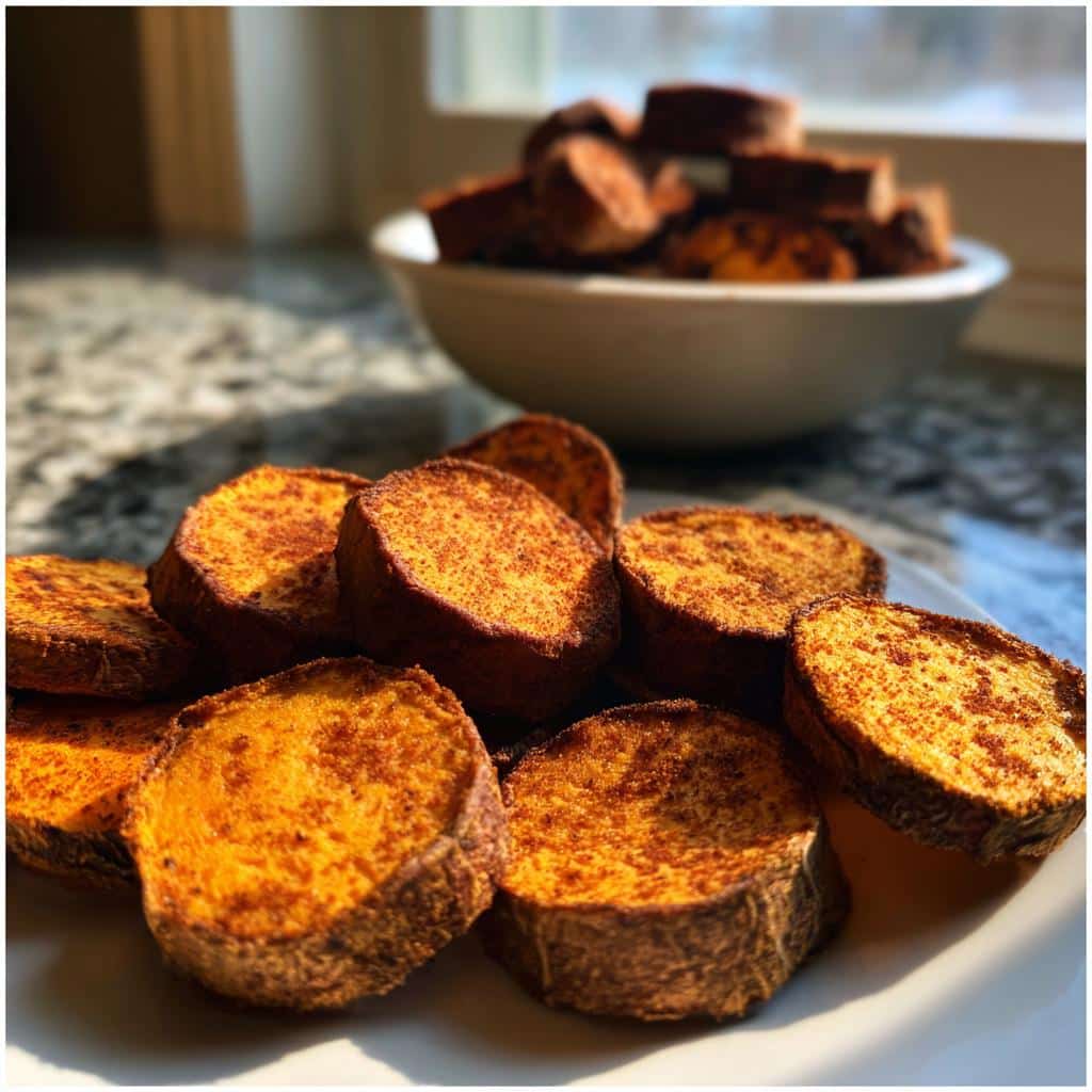A plate piled high with golden brown, round Sweet Potato Chews sprinkled with spice, with more in a bowl behind.