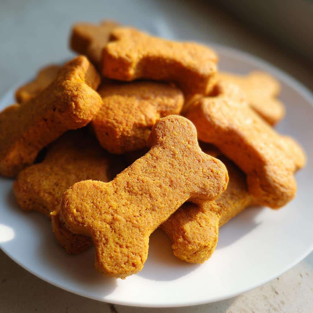A close-up of several orange, bone-shaped Sweet Potato Dog Biscuit treats piled on a white plate.