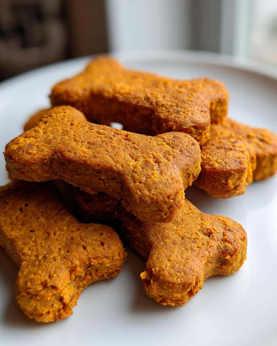 A pile of freshly baked, orange, bone-shaped Sweet Potato Dog Biscuit treats stacked on a white plate.