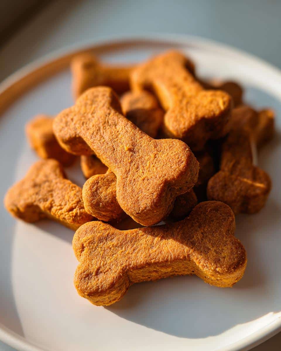 A pile of freshly baked, bone-shaped Sweet Potato Dog Biscuit treats resting on a white plate.