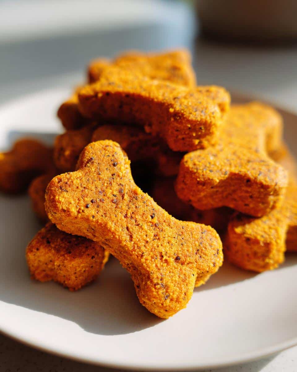 A close-up stack of homemade, orange, bone-shaped Sweet Potato Dog Biscuit treats resting on a light gray plate.