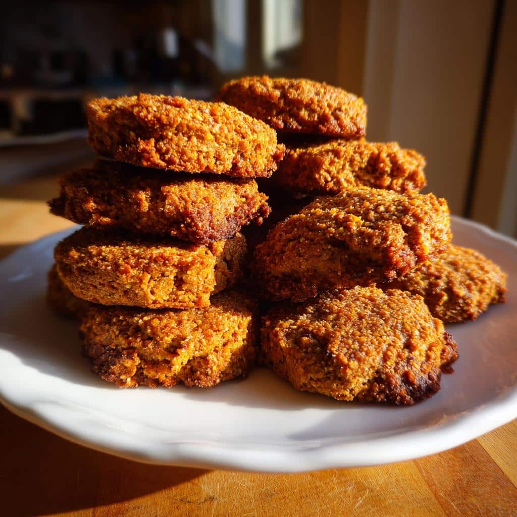 A tall stack of golden brown Sweet Potato & Flaxseed Treats piled high on a white plate.