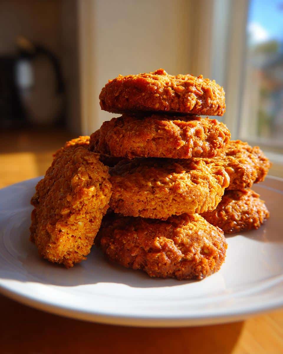A stack of golden brown Sweet Potato & Flaxseed Treats piled on a white plate, backlit by a window.
