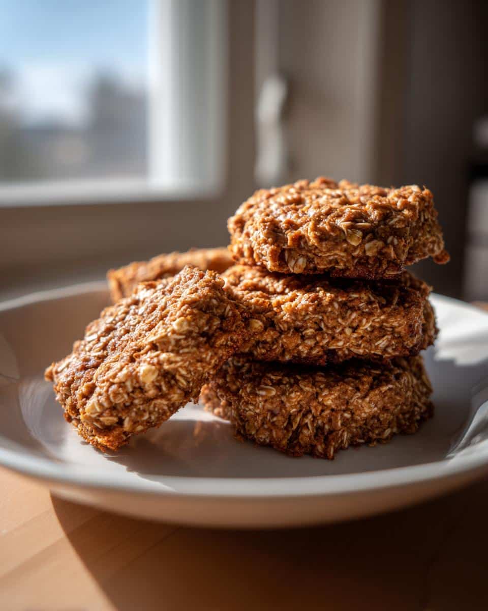 A stack of four textured, baked Sweet Potato & Flaxseed Treats on a white plate near a sunny window.