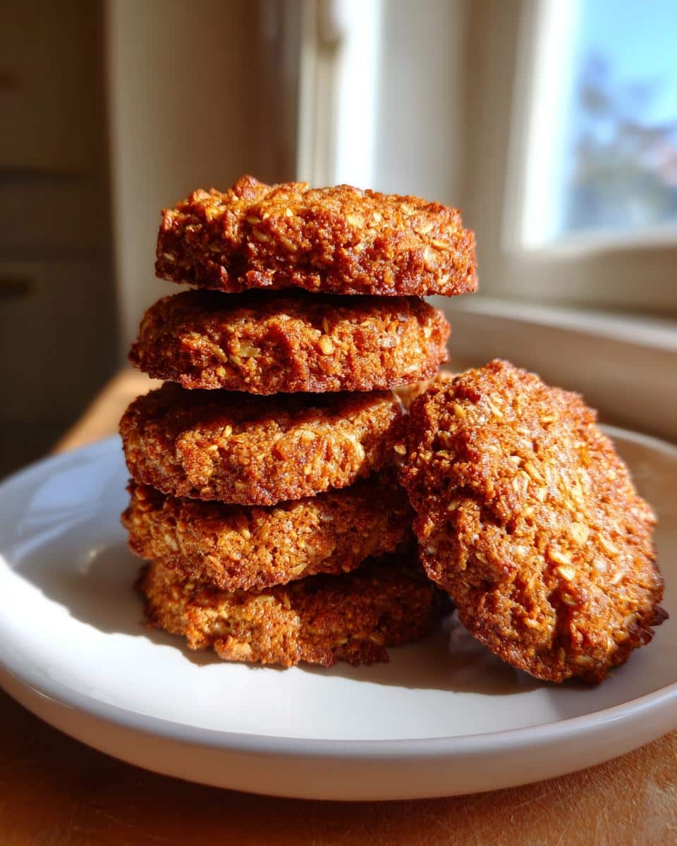 A stack of five golden-brown Sweet Potato & Flaxseed Treats, textured with oats, resting on a white plate near a bright window.