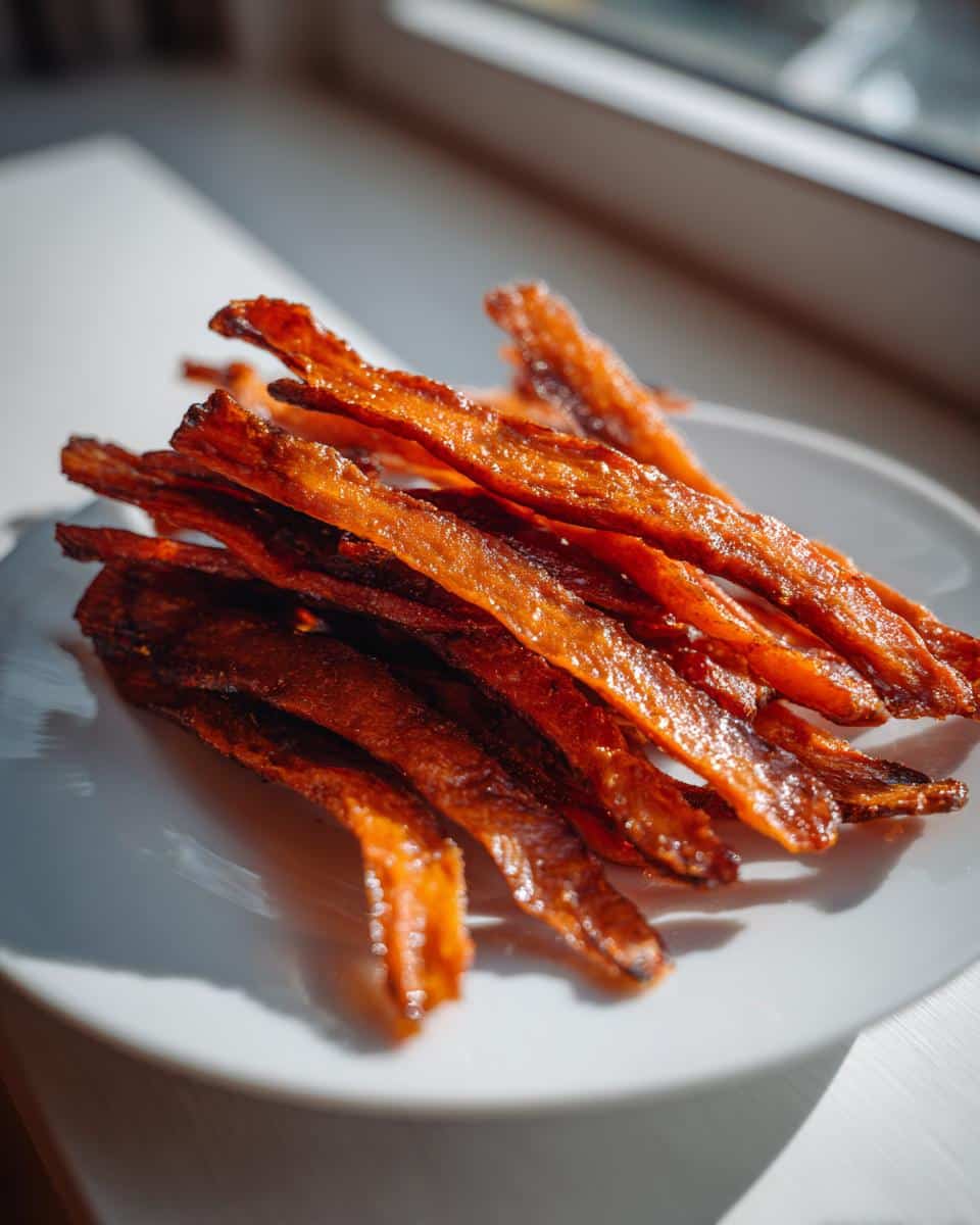 A close-up, sunlit shot of several strips of dark orange, chewy sweet potato jerky trips piled on a white plate.