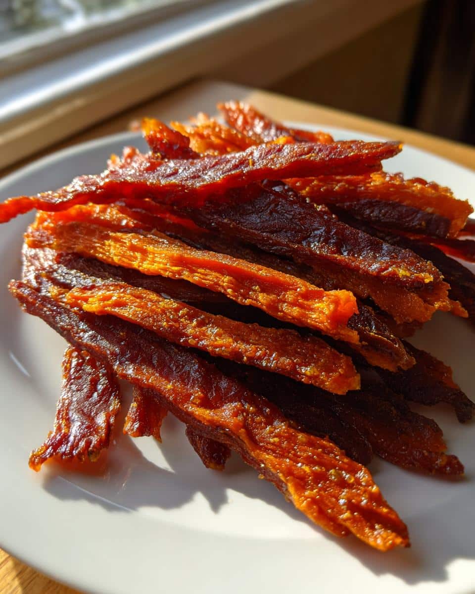 A close-up of a pile of dark orange, chewy sweet potato jerky trips stacked on a white plate, catching bright sunlight.