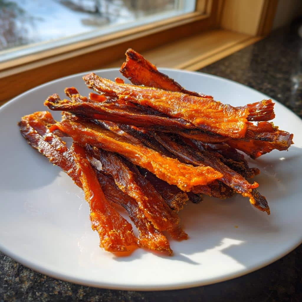 A pile of chewy, dark orange sweet potato jerky trips resting on a white plate near a sunlit window.