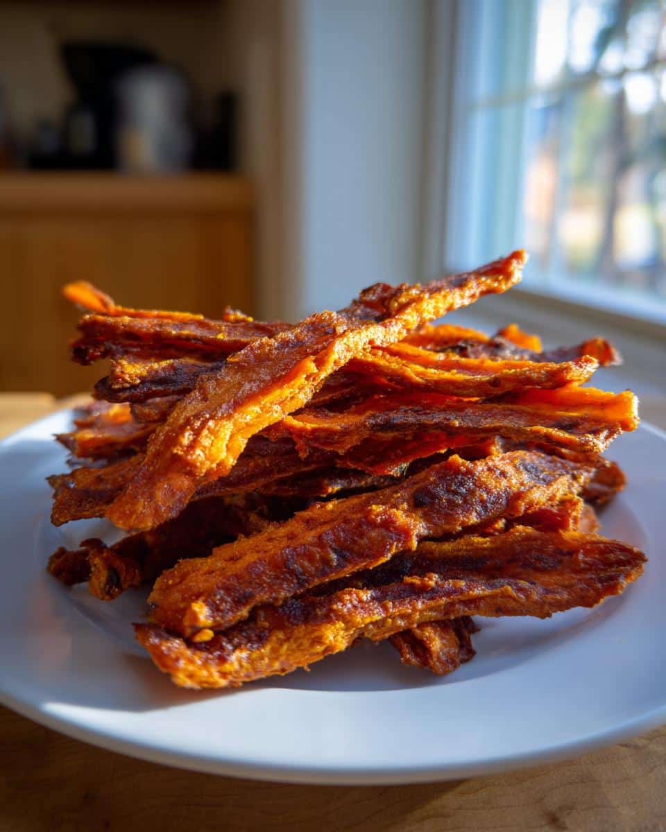 A tall stack of homemade, chewy sweet potato jerky trips piled high on a white plate, backlit by a window.