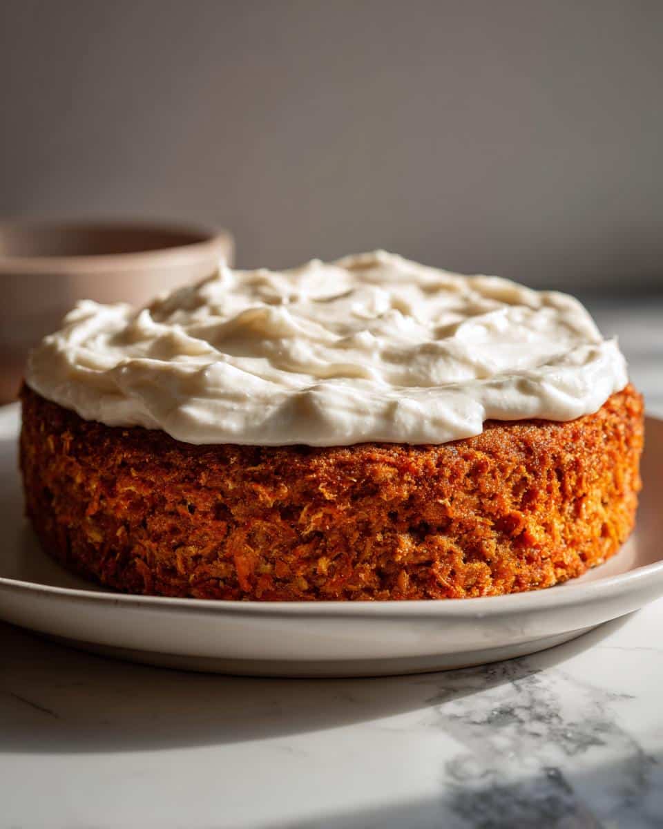 A round Sweet Potato & Oatmeal Dog Cake topped generously with thick white frosting, sitting on a white plate.