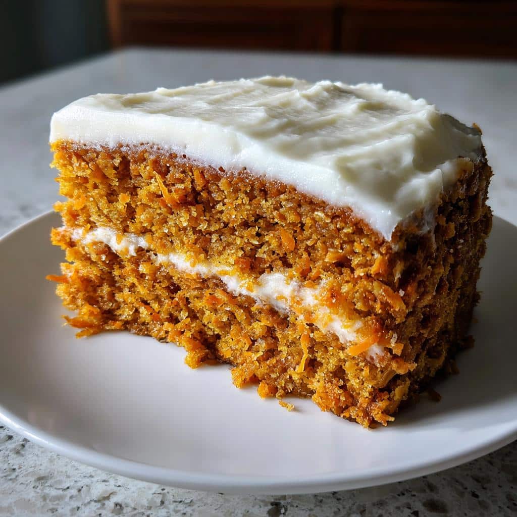 A close-up of a thick slice of orange-colored Sweet Potato & Oatmeal Dog Cake topped with white frosting.