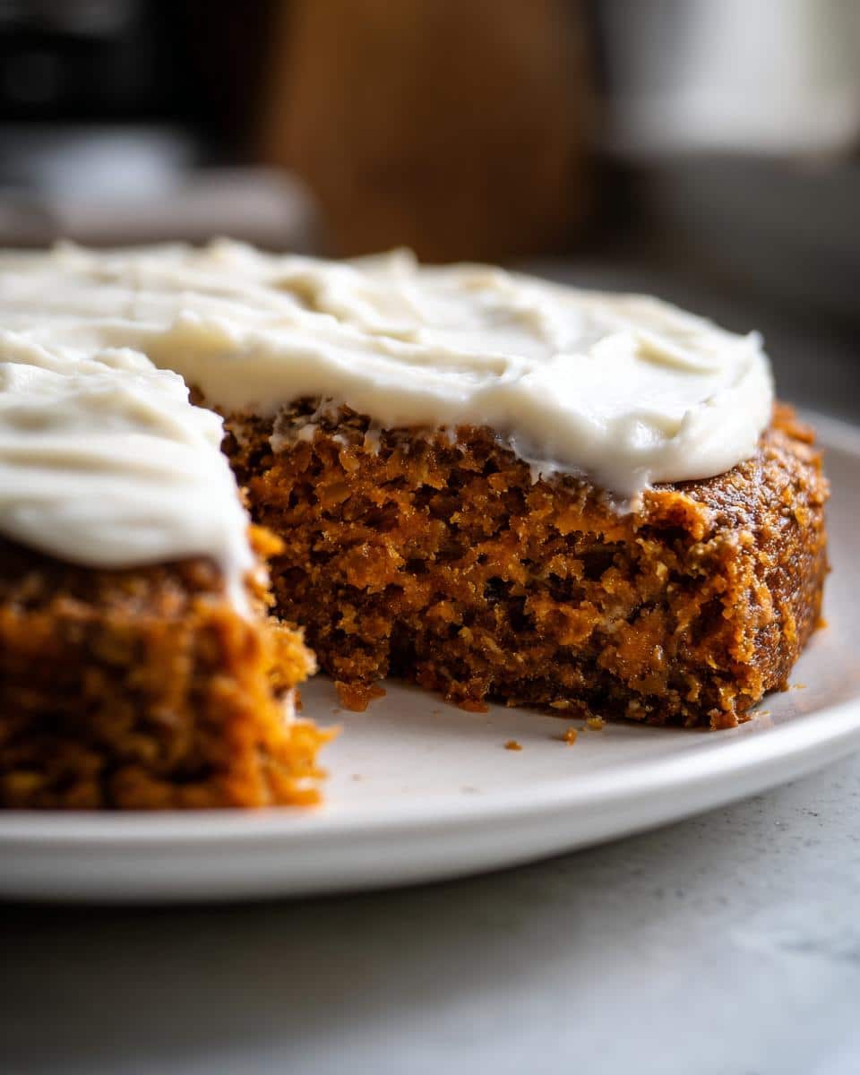 Close-up of a slice removed from the Sweet Potato & Oatmeal Dog Cake, showing the moist orange crumb and thick white frosting.