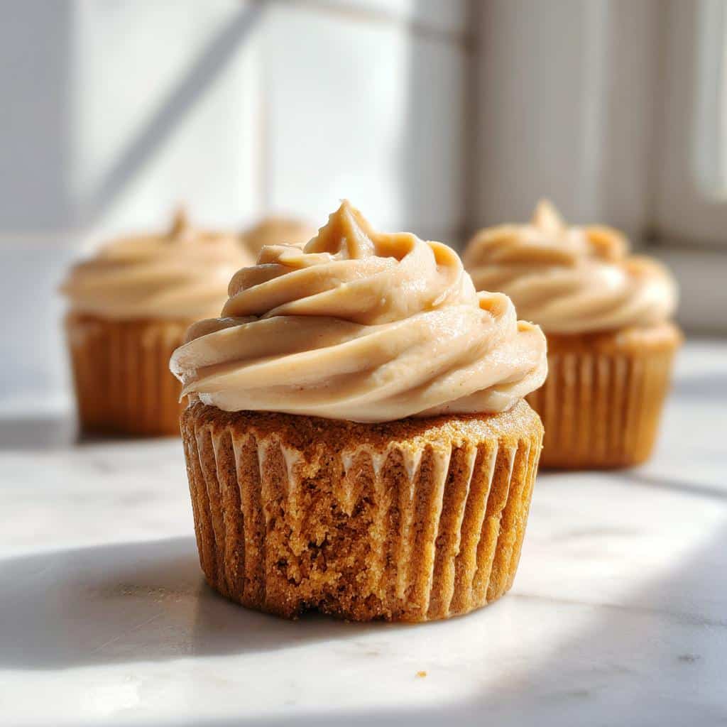 A close-up of one of the delicious Thanksgiving Pupcakes, showing the moist cake base and a swirl of light brown, creamy frosting.