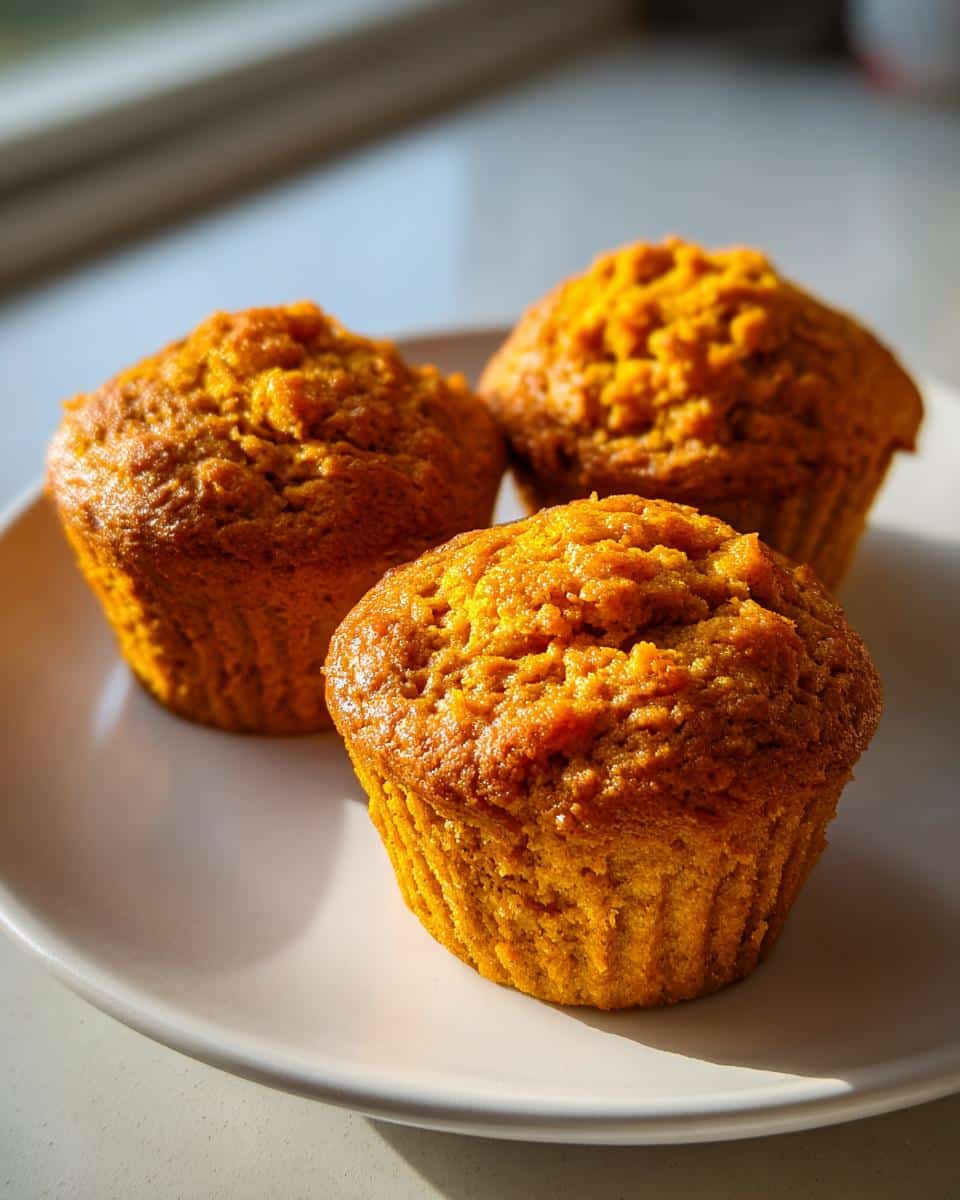 Three freshly baked, golden-brown sweet potato muffins displayed on a white plate in natural sunlight.