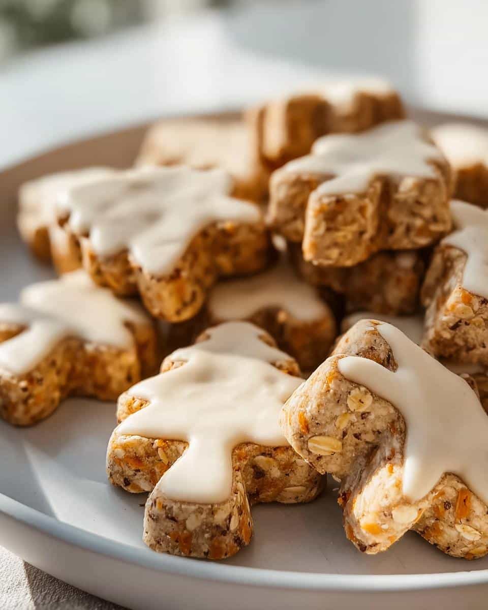 Close-up of tree-shaped Dog Ice Cream treats made with oats and topped with white yogurt icing.