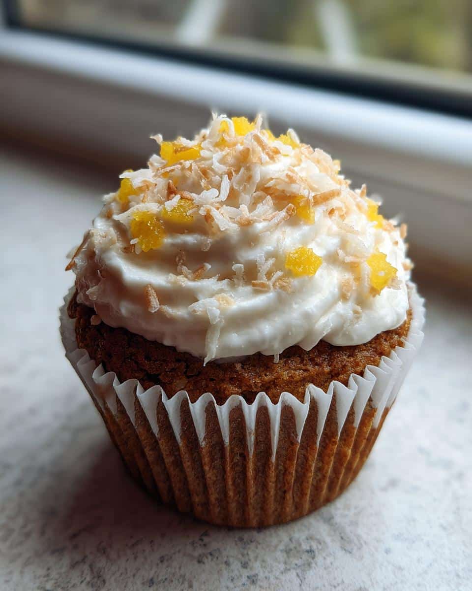 A single, frosted Tropical Pupcakes topped with white frosting, toasted coconut flakes, and small pieces of yellow fruit.