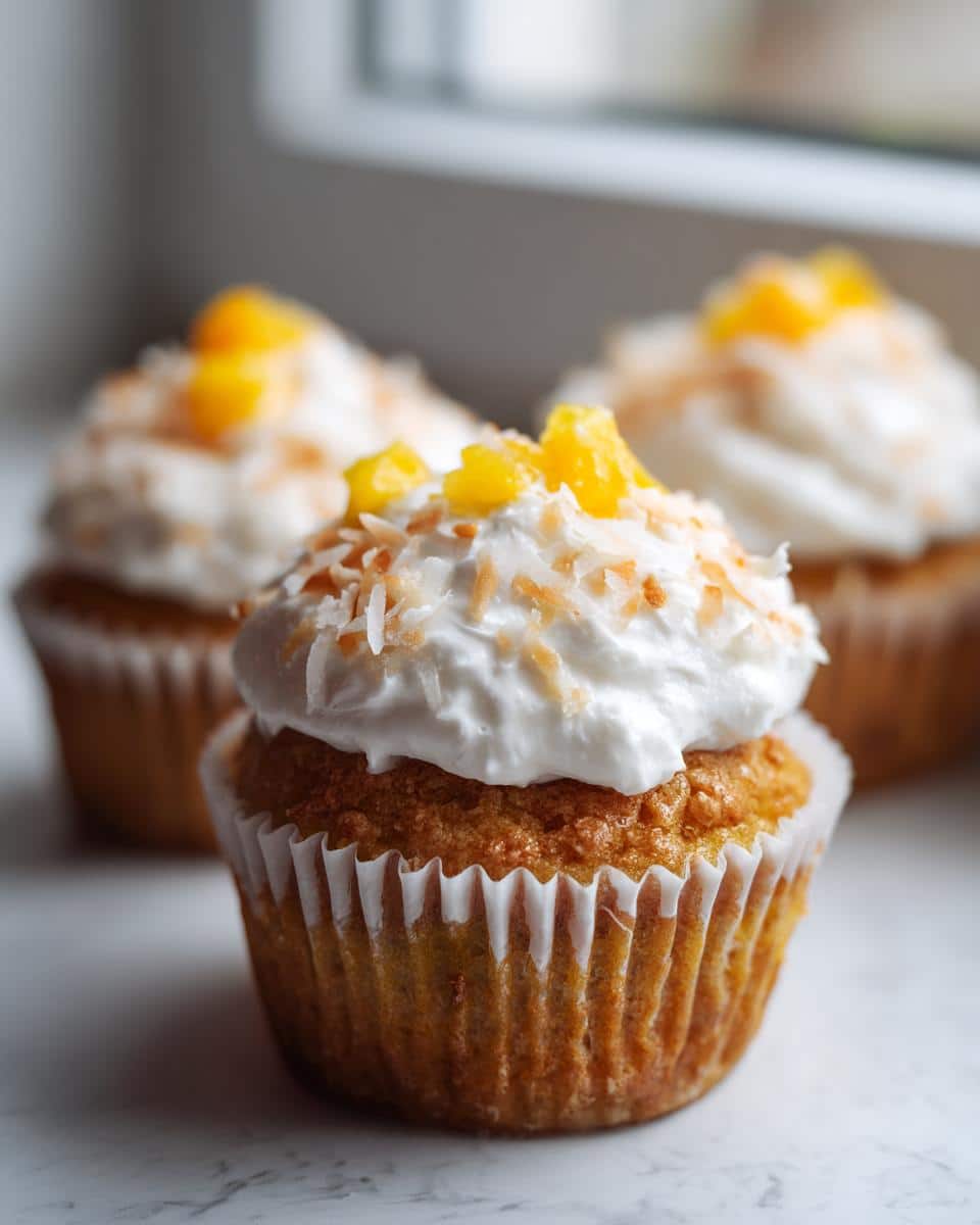 Close-up of one of the Tropical Pupcakes topped with white frosting, toasted coconut, and diced yellow fruit.