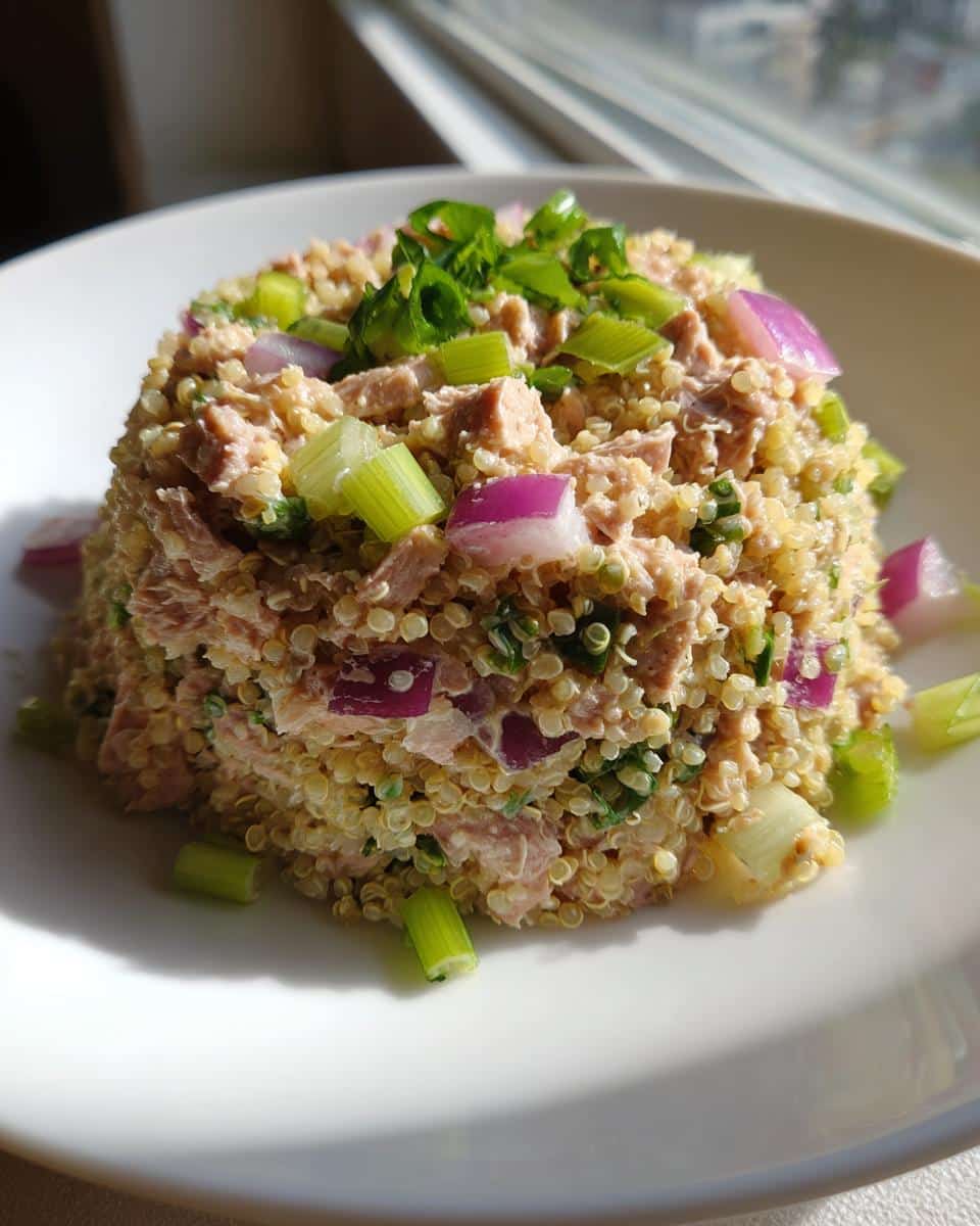 A perfectly molded serving of tuna and quinoa salad mixed with red onion and green onions on a white plate.