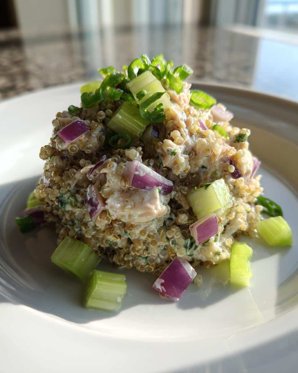 A molded serving of creamy tuna and quinoa salad mixed with red onion and celery, topped with green onions.