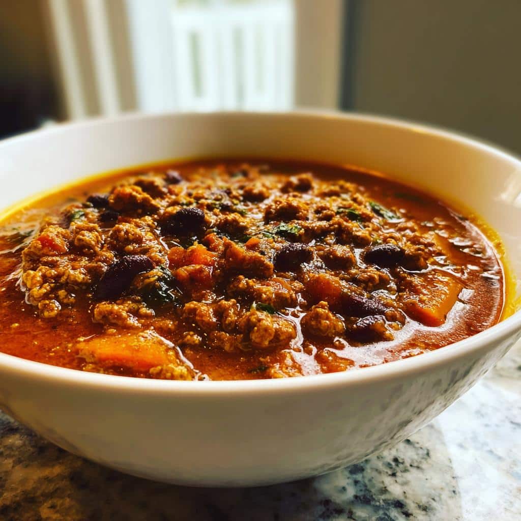 Close-up of a rich, savory bowl of Turkey and Pumpkin Chili with ground meat and beans.
