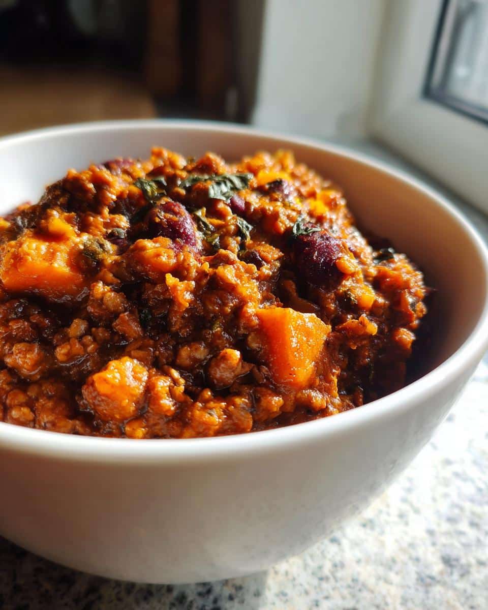 Close-up of rich, thick Turkey and Pumpkin Chili served in a white bowl, showing chunks of pumpkin and beans.