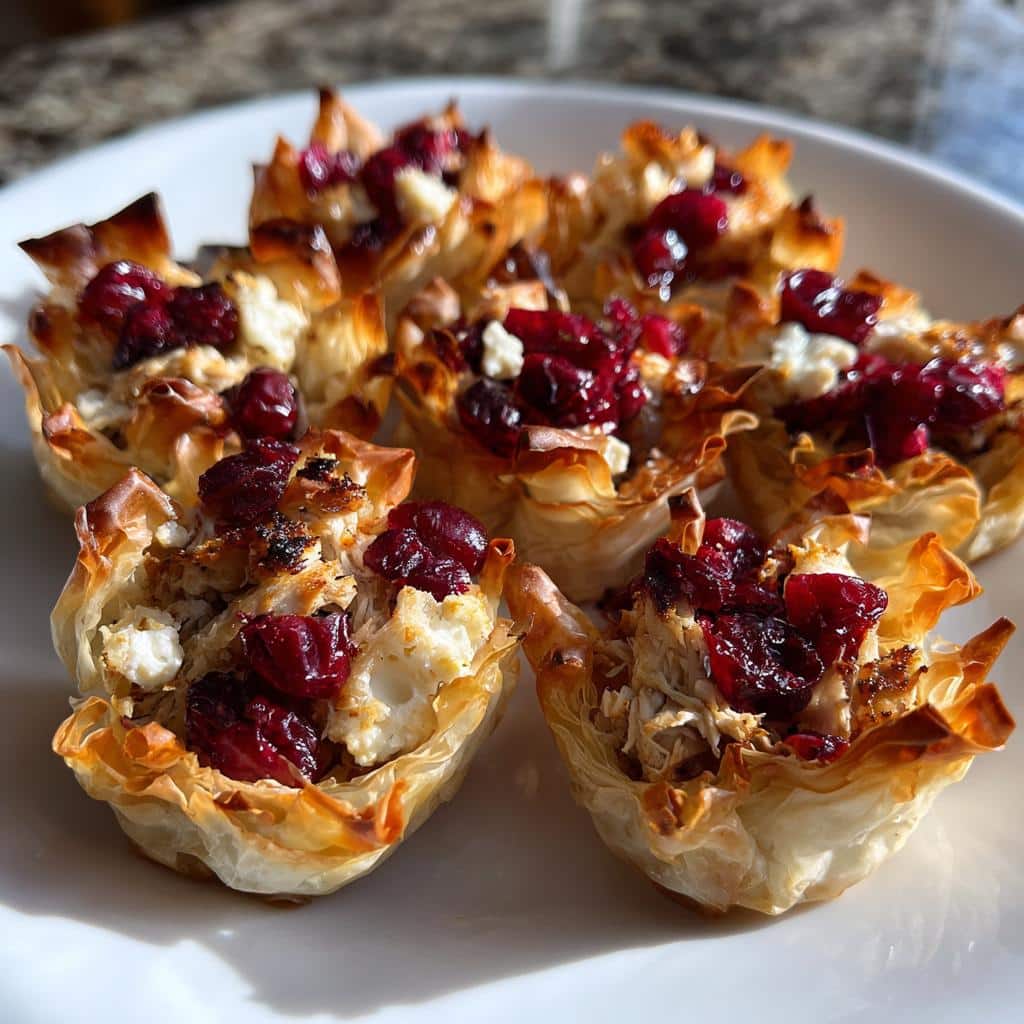 Close-up of baked phyllo cups filled with shredded turkey, cheese, and bright red cranberries, perfect Turkey & Cranberry Thanksgiving Treats.