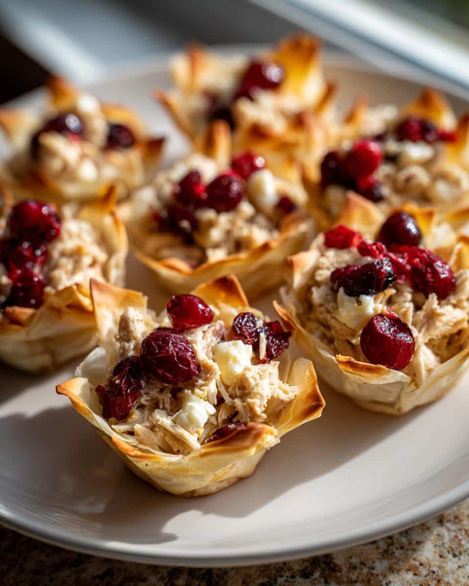 Close-up of savory Turkey & Cranberry Thanksgiving Treats served in crispy phyllo cups on a white plate.